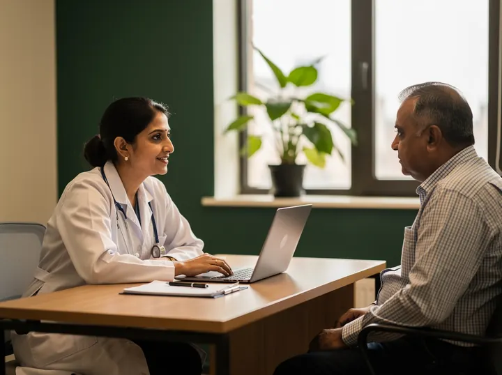 A doctor in a clinic listening to a patient across her desk