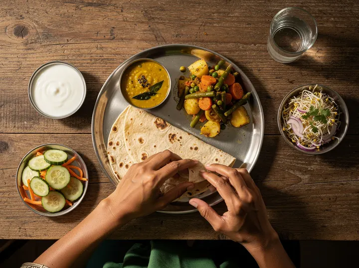 A home-cooked Indian lunch of dal, roti, sabzi, curd, sprouts and salad on a steel plate