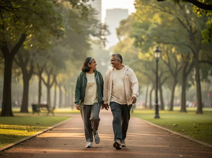 A couple in their fifties on a morning walk in a city park